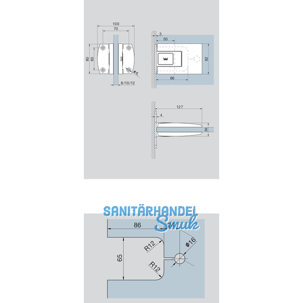 Pendeltrbeschlag Tensor Glas-Wand, Feststellpunkt 90, Edelstahl-Effekt