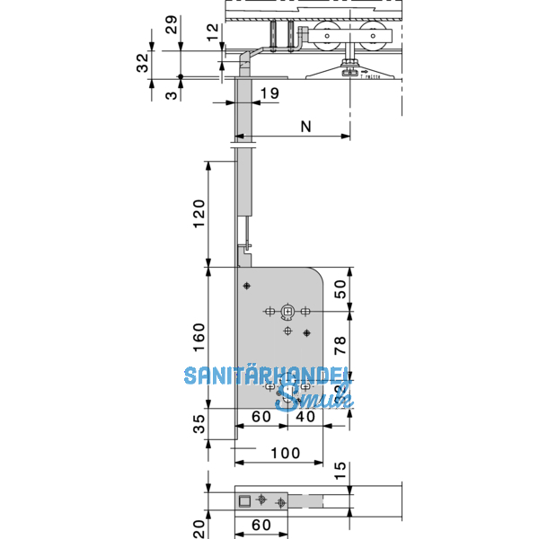 Schiebetr Stangenschloss Silent Stop, PZW, DM 60, Stulp 315 x 16 mm, verzinkt