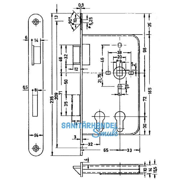 Einstemmschloss BMH 1015 PZW/2 PZ , rechts, DM 32/65, Edelstahl Stulp 24