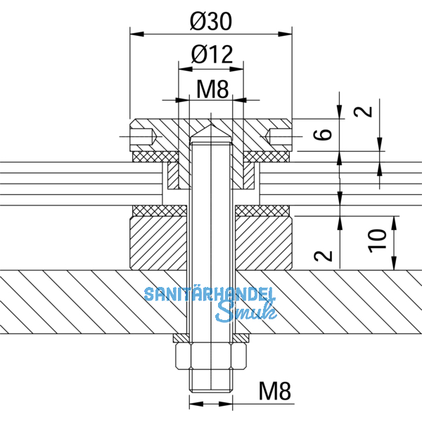 Glaspunkthalter Punkt 30, 6 - 15 mm Glas, Edelstahl