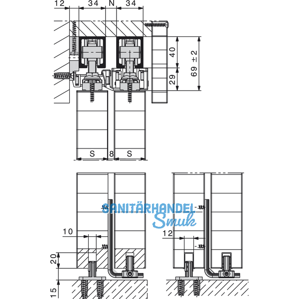 Teleskopbeschlag HAWA-Telescopic 80/2, 2-flg. Flgelb. 500-1200 mm