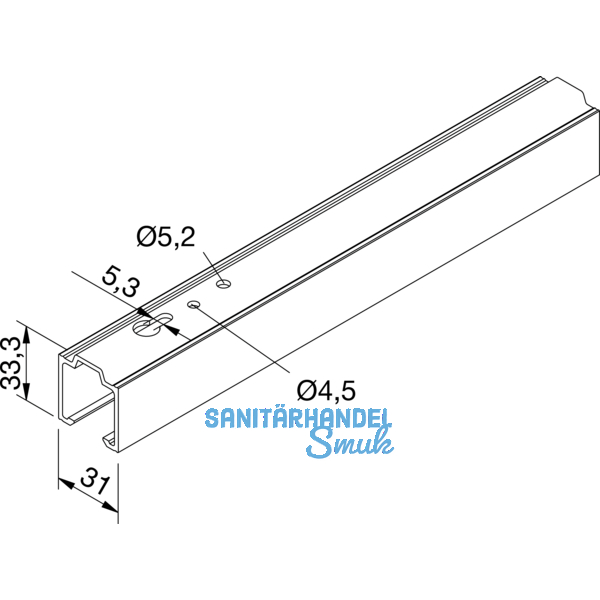 Laufschiene HELM 73, silber eloxiert, 2100 mm