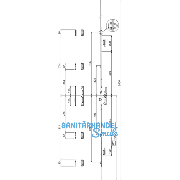 MFV-Schloss MACO G-TS PT i.S, DM 65 mm,Stulp 2400 x 16 x 3 mm eckig,silberfrbig