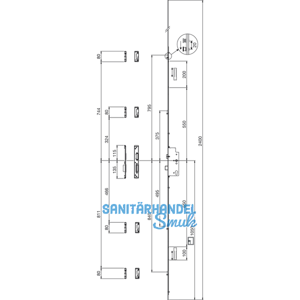 MFV-Schloss MACO Z-TS PT i.S, DM 65 mm,Stulp 2400 x 16 x 3 mm eckig,silberfrbig