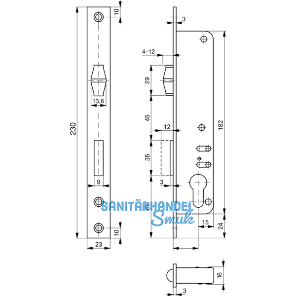 Rohrrahmenschloss Flachstulp m. Rollfalle/Riegel ROTO 884, DM 25,verzinkt silber