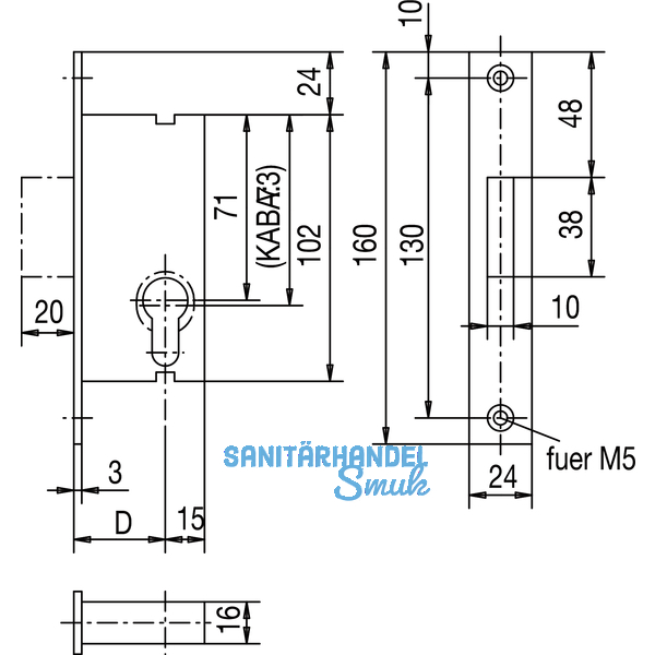 Rohrrahmenschloss Flachstulp mit Riegel, DM 30, Edelstahl