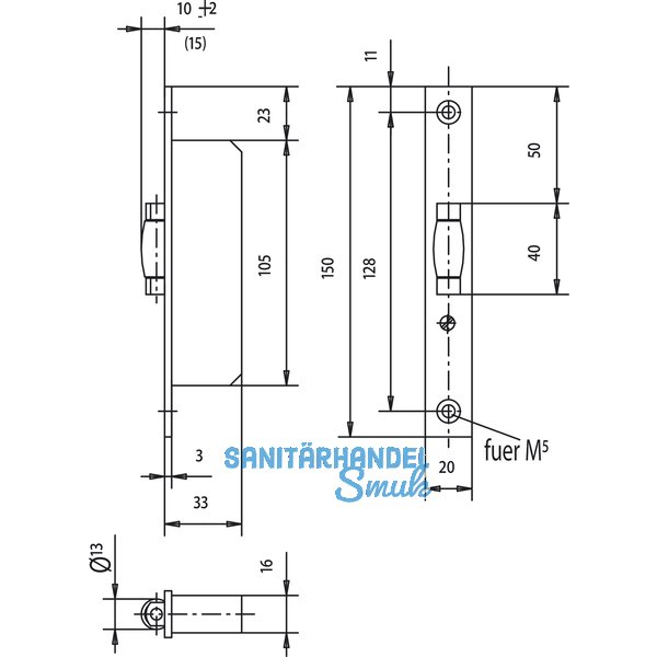 Rohrrahmenschloss Flachstulp mit Rollfalle, Edelstahl