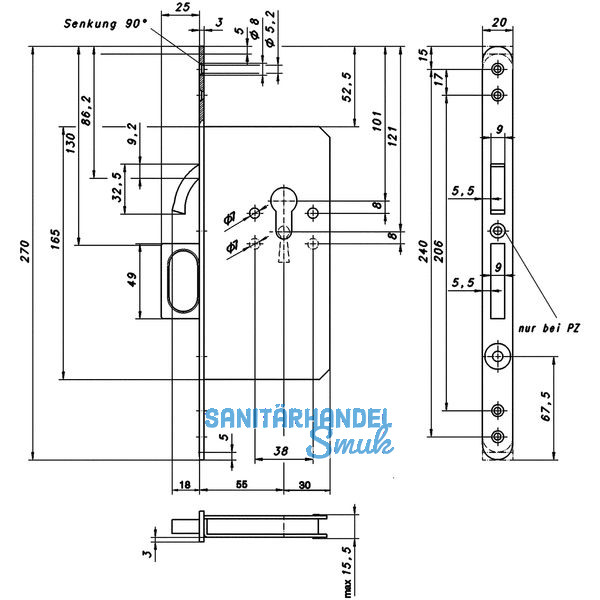 Schiebetrschloss mit Bogenriegel und Springgriff, PZ, DM 55, rund, Edelstahl