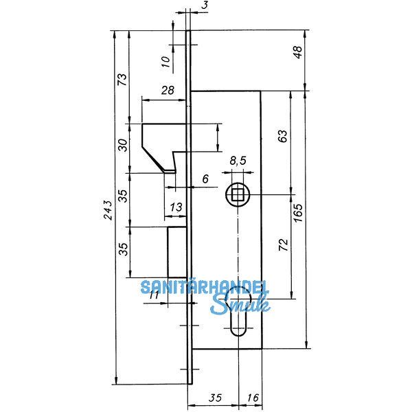 Schiebetrschloss m. Hakenfalle u. Riegel, PZW, DM 35, VK 8,5 mm,eckig,Edelstahl