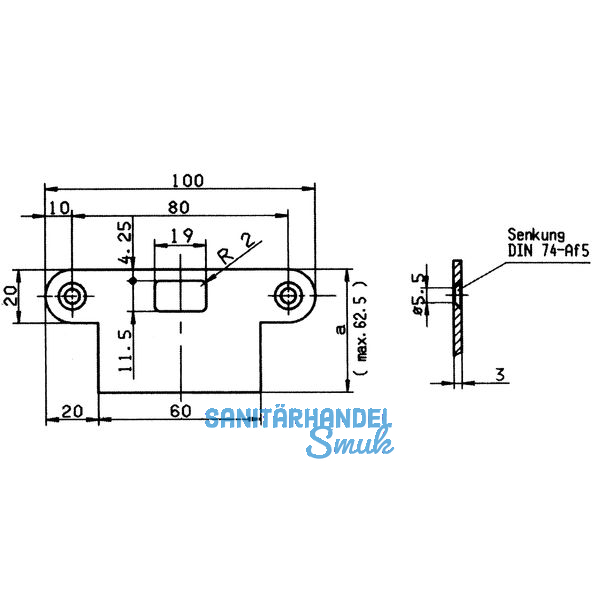Schlieblech BKS f.Schaltschloss 1895/1595 flach m.Lappen 100 x 62,5mm,Edelstahl