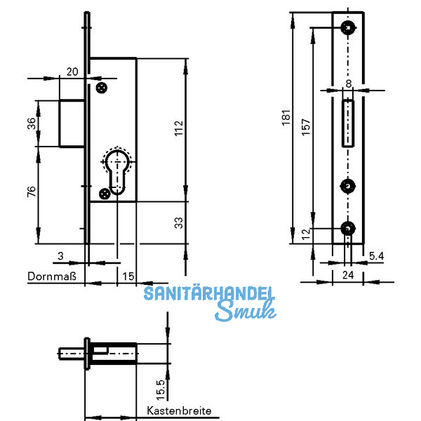 Rohrrahmenschloss Flachstulp m. Riegel, DM 25, Edelstahl