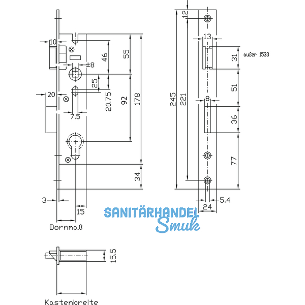 Rohrrahmenschloss Flachstulp m. Falle u. Riegel lang, PZW, DM 40, Edelstahl