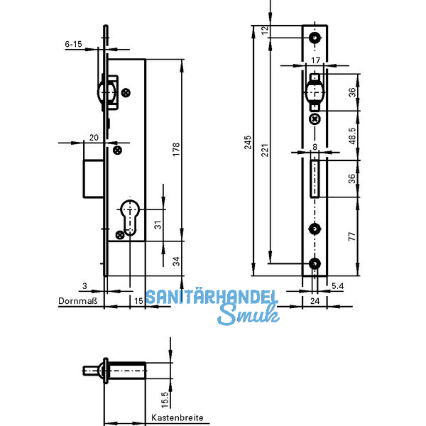 Rohrrahmenschloss Flachstulp m. Rollfalle u. Riegel, DM 40, Edelstahl