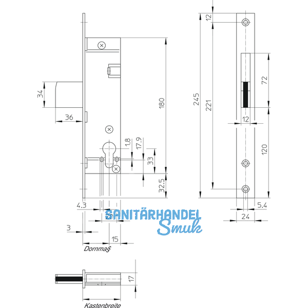 Rohrrahmenschloss Flachstulp mit Schwenkriegel, DM 35, Edelstahl