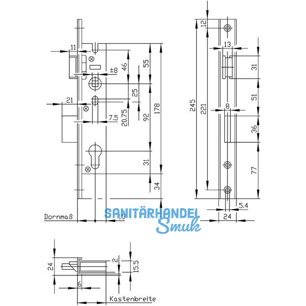 Rohrrahmenschloss U-Stulp m. Falle u. Riegel, PZW, DM 39, Edelstahl