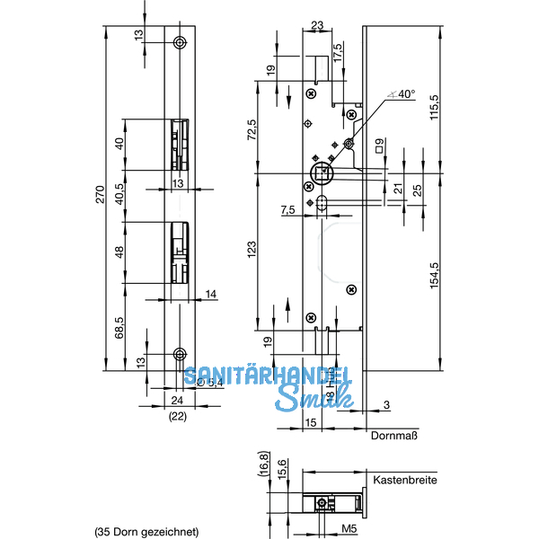 Fluchttrtreibriegel WILKA 6663, DM 35 mm, Stulp 270 x 24 x 3 mm, Edelstahl