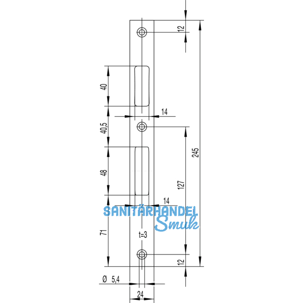 Schlieblech flach Falle und Riegel, 245 x 24 x 3 mm, Edelstahl