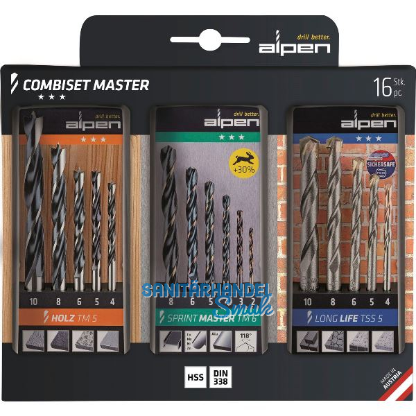 ALPEN Bohrer-Kombiset Holz/Stein/Metall 16-teilig