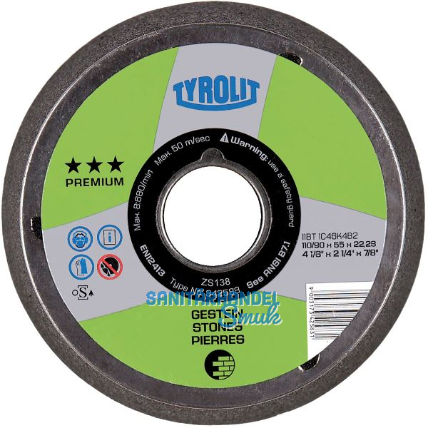 TYROLIT Schleiftopf kegelig Premium*** 130/90 x 55 Aufnahme M14 Korn 16 Gestein