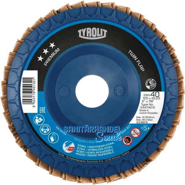 TYROLIT Schleiflamellenteller TwinFlap Premium***gerade � 125mm K40 28N
