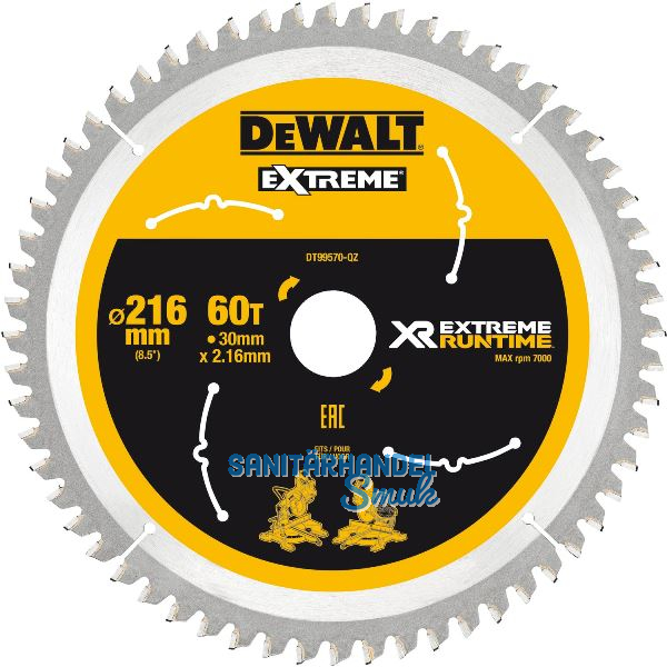 DEWALT Kreiss�geblatt XR Extrem Runtime HM � 216 x 2,16 x 30mm Z�hne 60 (WZ/FZ)