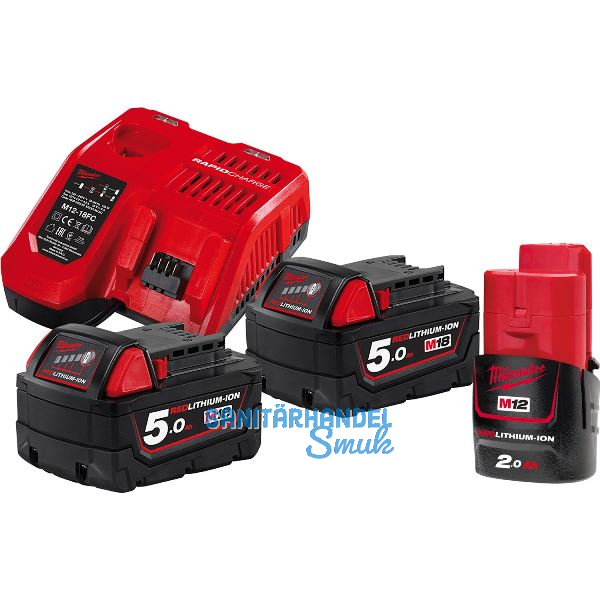 MILWAUKEE Akku-Starterset 2 x 18V / 5,0 Ah Schiebe-Akkus u. Ladeger�t M12-18 FC