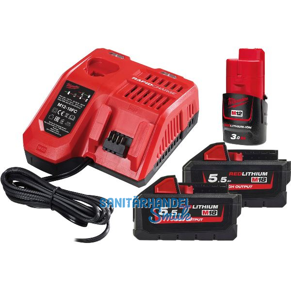 MILWAUKEE Akku-Starterset 2 x 18V / 5,5 Ah Schiebe-Akkus u. Ladeger�t M12-18 FC