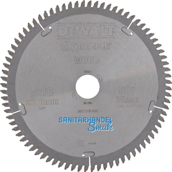 DEWALT Kreiss�geblatt HW � 216x2,6x30mm Z80 Trapezzahn/Flachzahn (TR/FZ) negativ