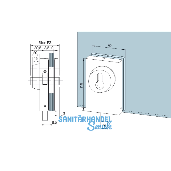 DORMA-Glas Eckschloss SG-15, mit Rosetten PZ, 10 mm, (05.118) silber eloxiert