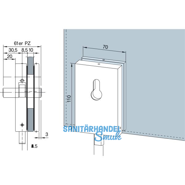 DORMA-Glas Eckschloss SG, PZ-vorgerichtet, 8 - 12 mm, (05.100) silber eloxiert
