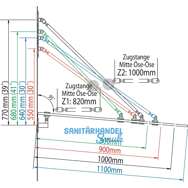 Glasvordachachsen GLVS I, Glastiefe 1100 mm, Edelstahl