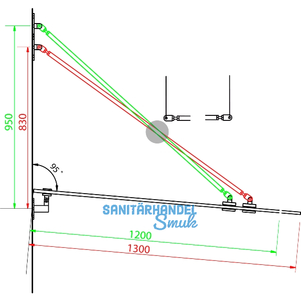 Glasvordachachsen GLVS II, Glastiefe 1300 mm, Edelstahl