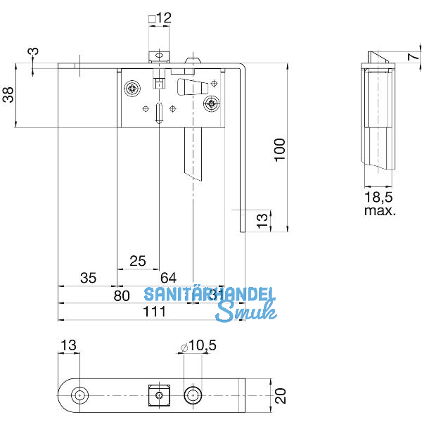 BKS Schaltschloss B1595, Stulp rund, abgewinkelt 20/111/100 mm, DM 65, Edelstahl