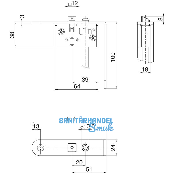 BKS Schaltschloss B1595, Stulp rund, abgewinkelt 24/111/100 mm, DM 65, Edelstahl