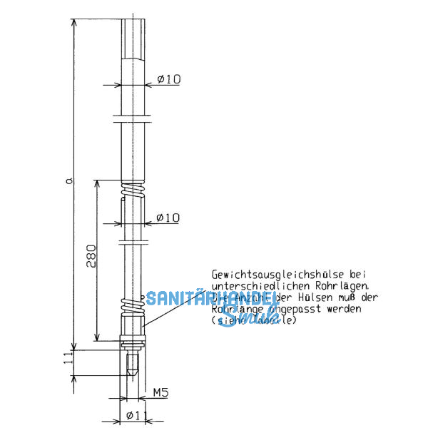 BKS Treibriegelstange 9036, 1635 mm, m. Feder u. Gleitstopfen f�r oben, verzinkt