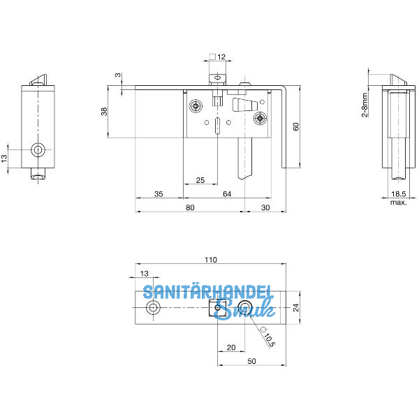 BKS Schaltschloss B1595, Stulp eckig, abgewinkelt 24/110/60 mm, DM 30, Edelstahl
