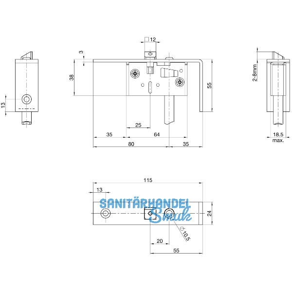 BKS Schaltschloss B1595, Stulp eckig, abgewinkelt 24/115/55 mm, DM 35, Edelstahl