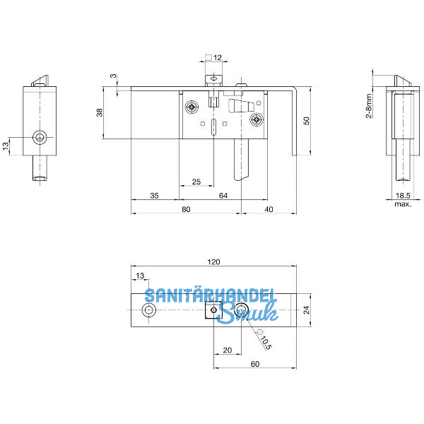 BKS Schaltschloss B1595, Stulp eckig, abgewinkelt 24/120/50 mm, DM 40, Edelstahl