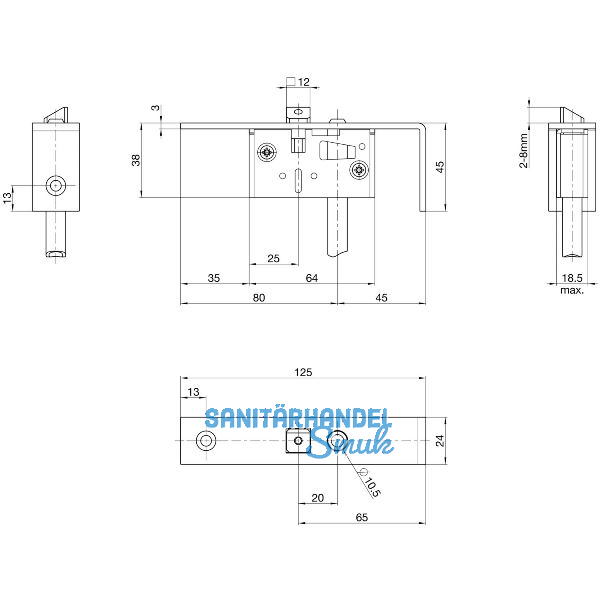 BKS Schaltschloss B1595, Stulp eckig, abgewinkelt 24/125/45 mm, DM 45, Edelstahl