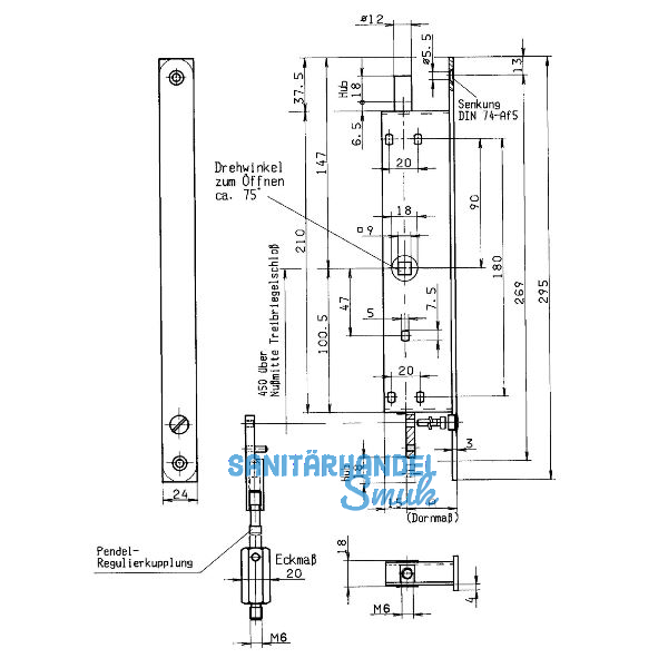 BKS Fluchtt�r-Umlenkschloss 1798, DM 35, Stulp 295 x 24 mm eckig, Edelstahl