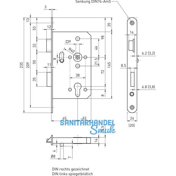 BMH Fluchtt�rhauptschloss 1022, 1-flg. Funktion B/EN 179, rechts, DM65,Edelstahl