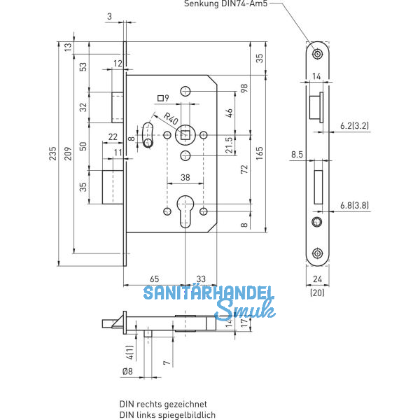 BMH Dreifallenhauptschloss 1020 PZ, links, rund, Dorn 65 mm, Edelstahl