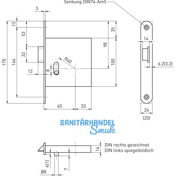 BMH Zusatzfalle 1030 1-flg. EN 179, DM 65, rechts, Stulp 170 x 24 mm, Edelstahl