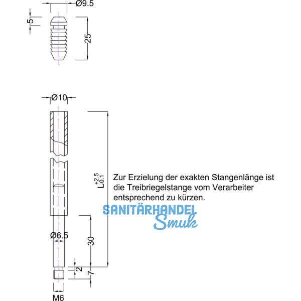 BMH Treibriegelstange 1101, 1500 mm, mit Gleitstopfen f�r oben, Stahl verzinkt