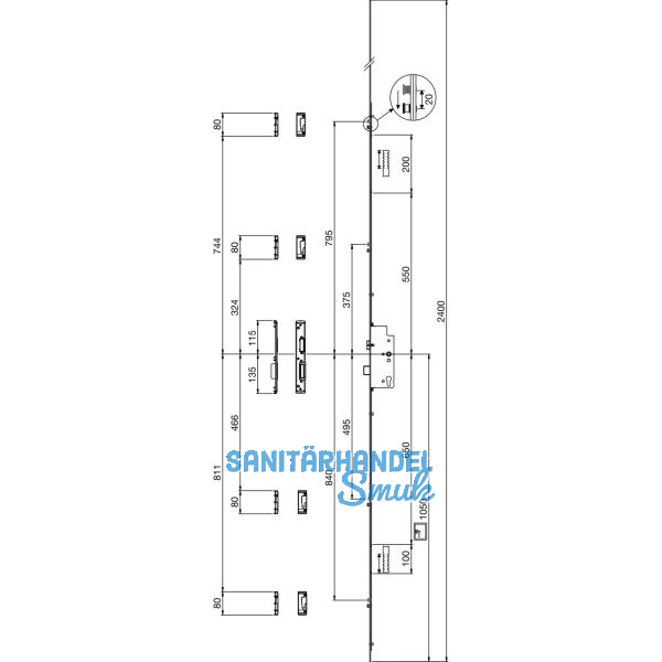 MACO MFV-Schloss Z-TS PT i.S, DM 80 mm,Stulp 2400 x 16 x 3 mm eckig,silberf�rbig