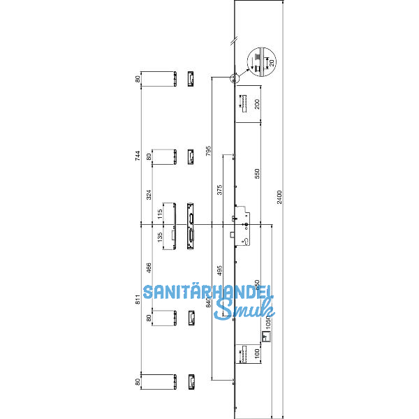 MACO MFV-Schloss Z-TS PT i.S, DM 65 mm,Stulp 2400 x 20 x 3 mm eckig,silberf�rbig