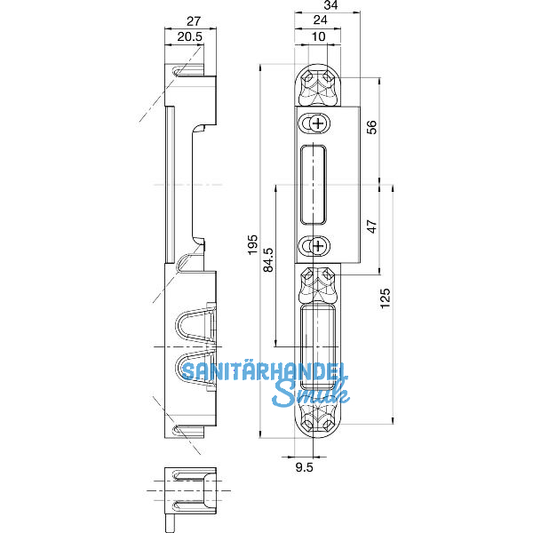 Lappenschlie�blech f�r Secury zum Einfr�sen, 195 x 24 x 27 mm, verstellbar