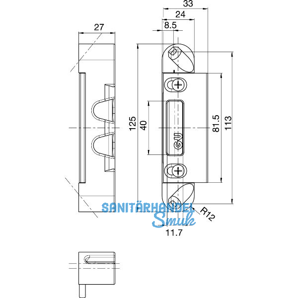 Lappenschlie�platte f�r Secury zum Einfr�sen, 125 x 24 x 27 mm, verstellbar