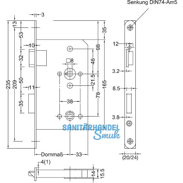 BMH Einstemmschloss Meisterst�ck WC, links, Dorn 55, Rundstulp 24mm, Edelstahl