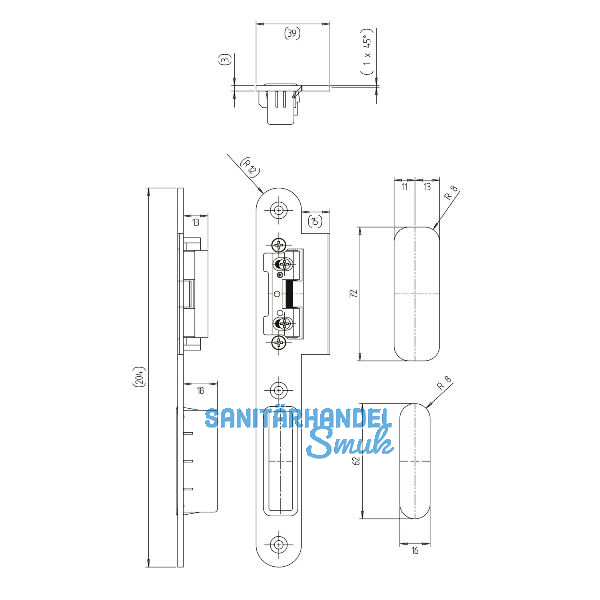 KFV Lappenschlie�blech 8050 mit AT-St�ck 115, 204 x 24 x 3mm, links, Edelstahl